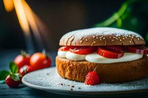 une fraise sandwich avec crème et des fraises sur une plaque. généré par ai photo