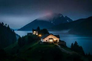 une maison sur une colline surplombant une Lac et montagnes. généré par ai photo