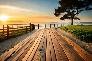 une en bois passerelle pistes à le océan à le coucher du soleil. généré par ai photo