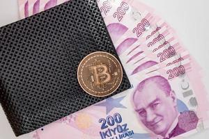 Pièce de monnaie bitcoin et billets de banque en lire turque dans le portefeuille photo