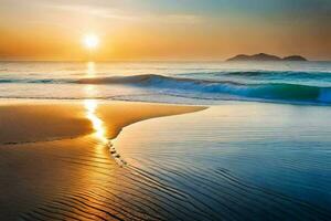 le Soleil monte plus de le océan et le vagues sont reflétant le lumière. généré par ai photo