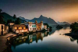 une rivière dans le milieu de une village à le coucher du soleil. généré par ai photo