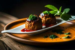 une assiette avec Boulettes de viande et sauce sur il. généré par ai photo