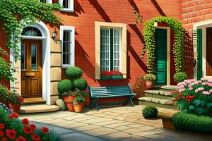 une La peinture de une maison avec fleurs et les plantes. généré par ai photo