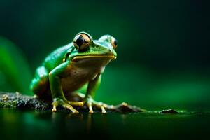 une grenouille séance sur une Journal dans le l'eau. généré par ai photo