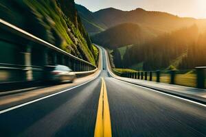 une voiture conduite vers le bas une Autoroute avec montagnes dans le Contexte. généré par ai photo