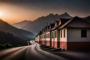 une route dans le montagnes avec Maisons et montagnes dans le Contexte. généré par ai photo