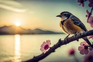 une oiseau est assis sur une branche près une Lac à le coucher du soleil. généré par ai photo