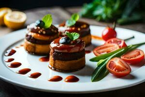 Trois petit Gâteaux avec sauce et tomates. généré par ai photo