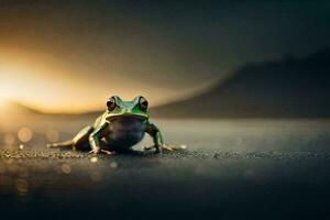 une grenouille séance sur le sol à le coucher du soleil. généré par ai photo