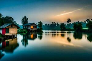 une maison sur le l'eau à le coucher du soleil. généré par ai photo