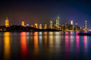 le Chicago horizon à nuit avec coloré lumières réfléchi dans le l'eau. généré par ai photo