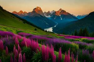 le montagnes sont couvert dans violet fleurs et le Soleil est réglage plus de le montagnes. généré par ai photo