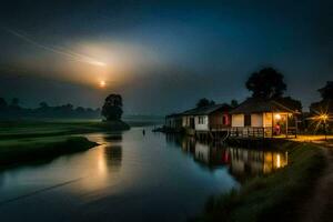 une rivière à nuit avec Maisons et une lune. généré par ai photo