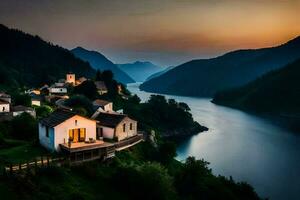 photo fond d'écran le ciel, montagnes, eau, loger, coucher de soleil, le village, lac, le. généré par ai