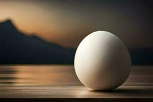 un Oeuf séance sur une table dans de face de une Montagne. généré par ai photo