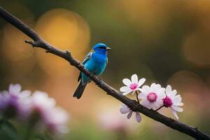 une bleu oiseau est assis sur une branche avec rose fleurs. généré par ai photo