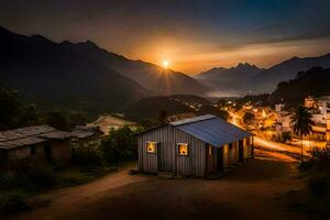 une petit maison est assis dans le milieu de une Montagne à le coucher du soleil. généré par ai photo