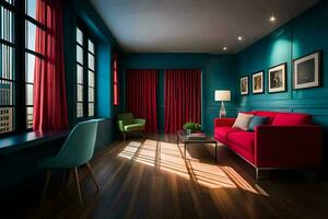 une vivant pièce avec rouge et bleu des murs et une canapé. généré par ai photo