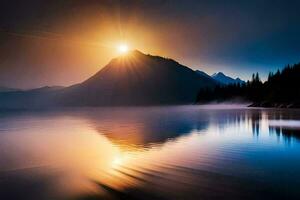 le Soleil monte plus de une Montagne intervalle et une lac. généré par ai photo