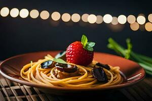 spaghetti avec champignons et une fraise sur une plaque. généré par ai photo