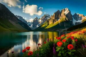 le fleurs sont épanouissement dans le montagnes et le Lac est reflétant le Soleil. généré par ai photo