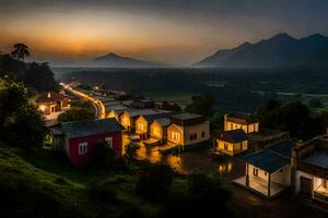 une village à crépuscule avec montagnes dans le Contexte. généré par ai photo