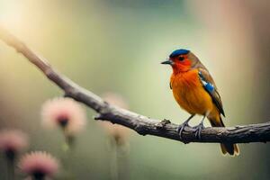 une coloré oiseau est assis sur une branche. généré par ai photo