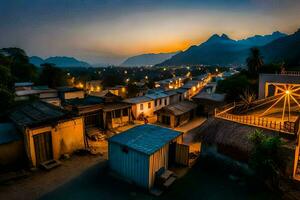 une village à crépuscule avec montagnes dans le Contexte. généré par ai photo