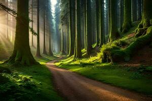 photo fond d'écran forêt, le soleil, des arbres, chemin, chemin, forêt, des arbres, chemin,. généré par ai