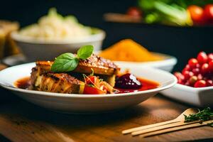 une assiette de nourriture avec Viande, des légumes et pain. généré par ai photo