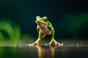 une grenouille avec rouge yeux permanent sur une humide surface. généré par ai photo