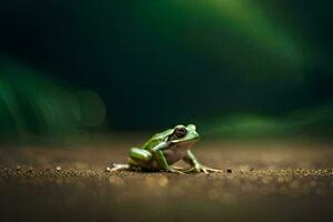 une grenouille séance sur le sol dans de face de une vert Contexte. généré par ai photo