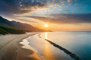 une plage à le coucher du soleil avec montagnes dans le Contexte. généré par ai photo