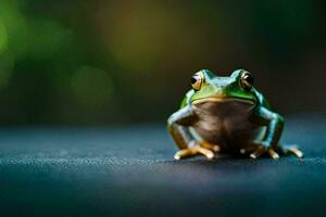 une grenouille séance sur une noir surface. généré par ai photo