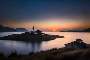 une petit île avec une église à le coucher du soleil. généré par ai photo