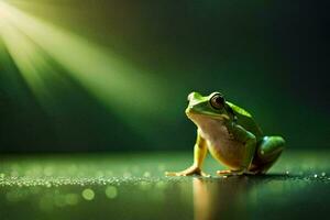 une grenouille séance sur une vert surface avec une brillant lumière. généré par ai photo