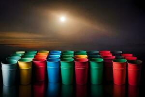 une rangée de coloré tasses sur une table avec une Soleil dans le Contexte. généré par ai photo