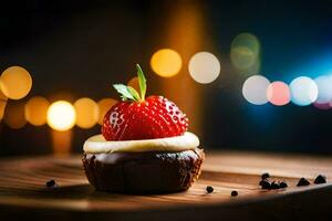 une Chocolat petit gâteau avec une fraise sur Haut. généré par ai photo