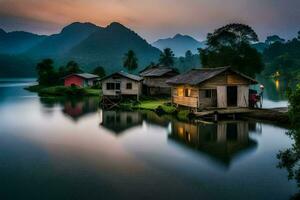 Maisons sur le banques de une rivière à le coucher du soleil. généré par ai photo