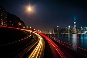 une longue exposition photographier de une ville horizon à nuit. généré par ai photo