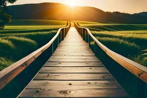 une en bois passerelle pistes à le Soleil. généré par ai photo