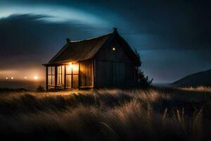 une petit en bois maison dans le milieu de une champ à nuit. généré par ai photo