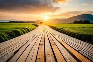 une en bois passerelle pistes à le le coucher du soleil dans une champ. généré par ai photo