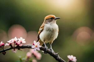 une oiseau est assis sur une branche avec rose fleurs. généré par ai photo