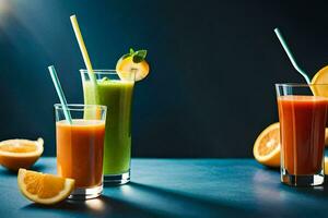 Trois des lunettes de jus avec Orange tranches et une paille. généré par ai photo