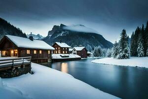 une neigeux Montagne village avec en bois Maisons et une rivière. généré par ai photo