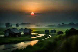 le Soleil monte plus de une petit village dans le milieu de une champ. généré par ai photo