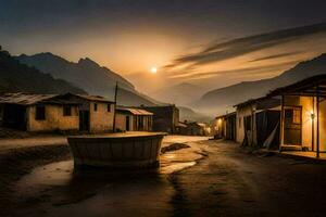 une bateau est assis dans le milieu de une village rue à le coucher du soleil. généré par ai photo