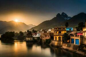 le Soleil ensembles plus de une rivière dans Inde. généré par ai photo